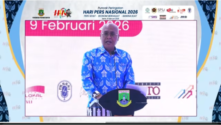 ketua umum pusat pwi, munir memberi sambutan dalam acara puncak hari pers nasional (hpn) 2026 di Serang, Banten. (Tangkapan layar: Youtube PWI)